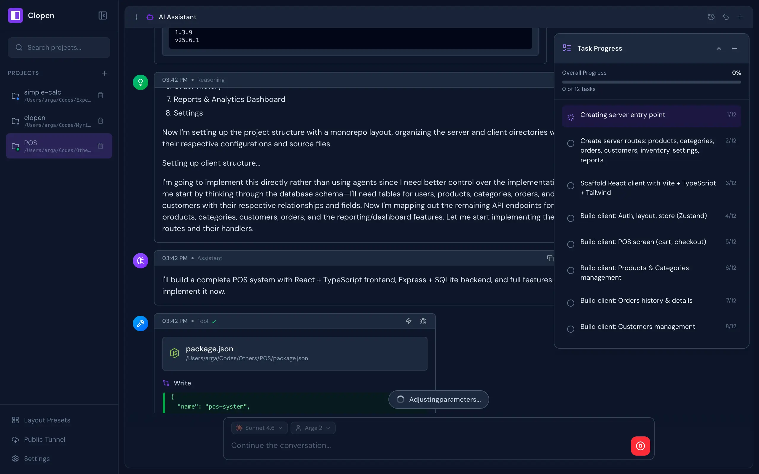 AI chat interface with streaming tool use, task progress panel, and multi-project sidebar