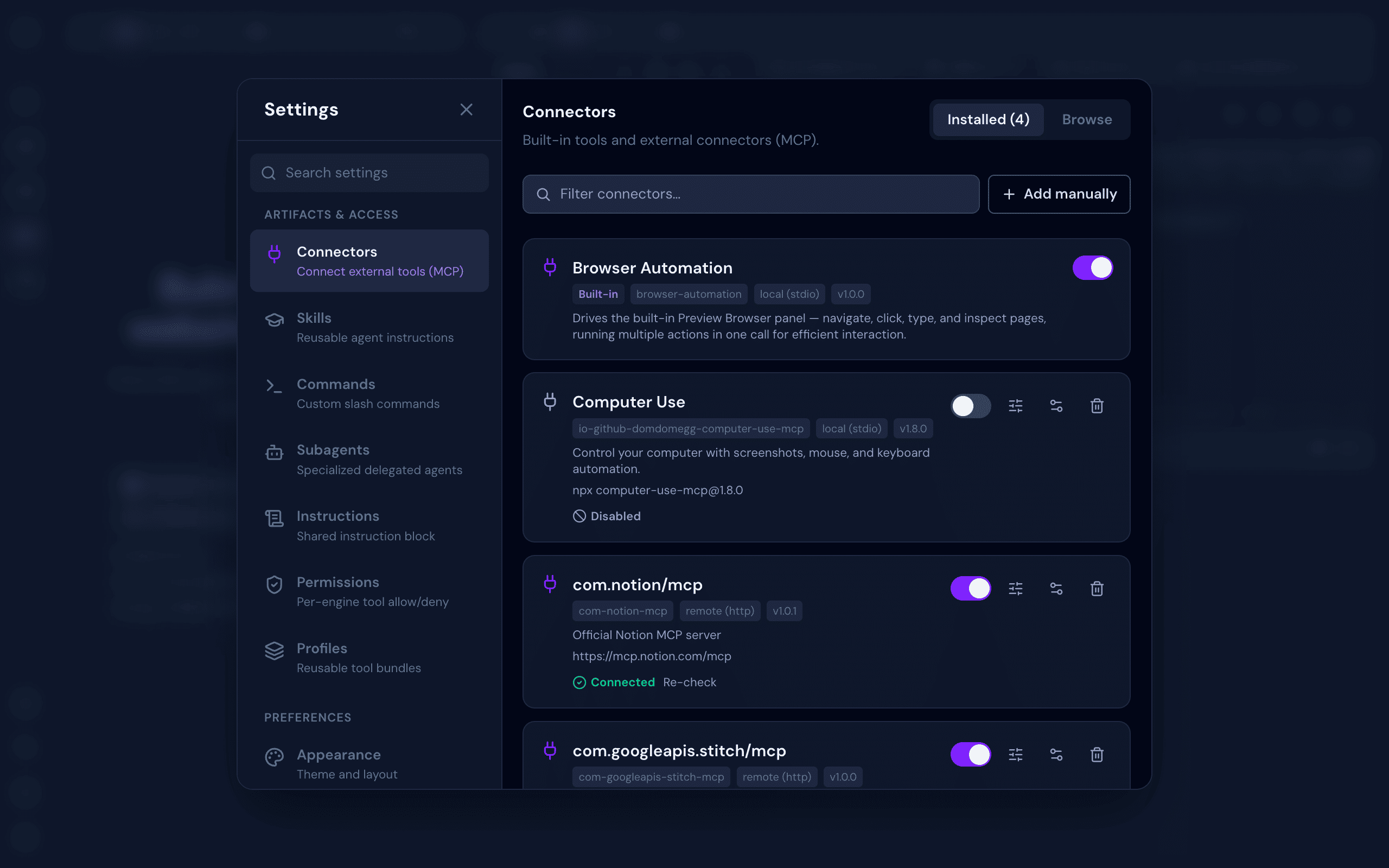 Connectors settings