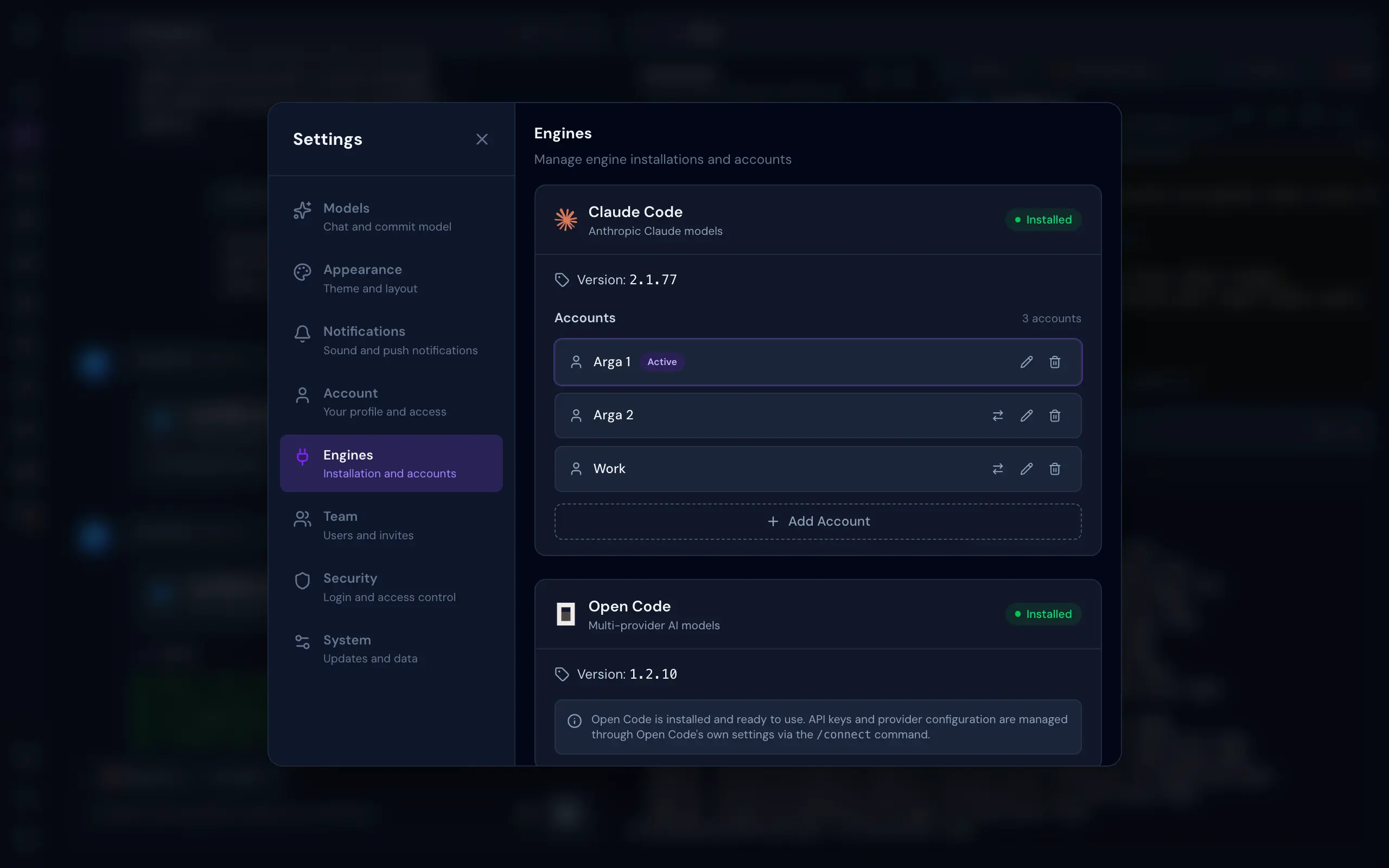 Multi-account Claude Code manager showing account switcher with multiple profiles